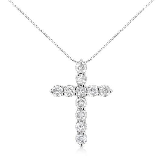 .925 Sterling Silver 1.0 Cttw Prong Set Round-Cut Diamond Cross 18" Pendant Necklace (I-J Color, I2-I3 Clarity)