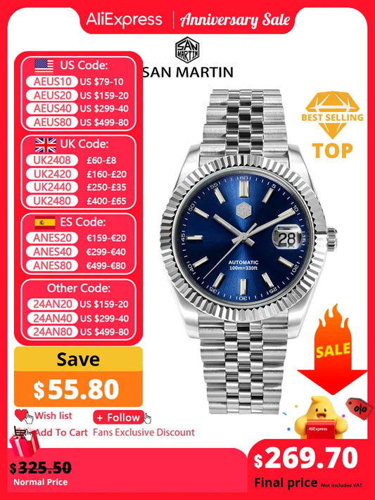 San Martin Men Dress Watch 40mm Classic Luxury PT5000 SW200 Automatic Mechanical Fashion Business Wristwatch Sapphire 10 ATM